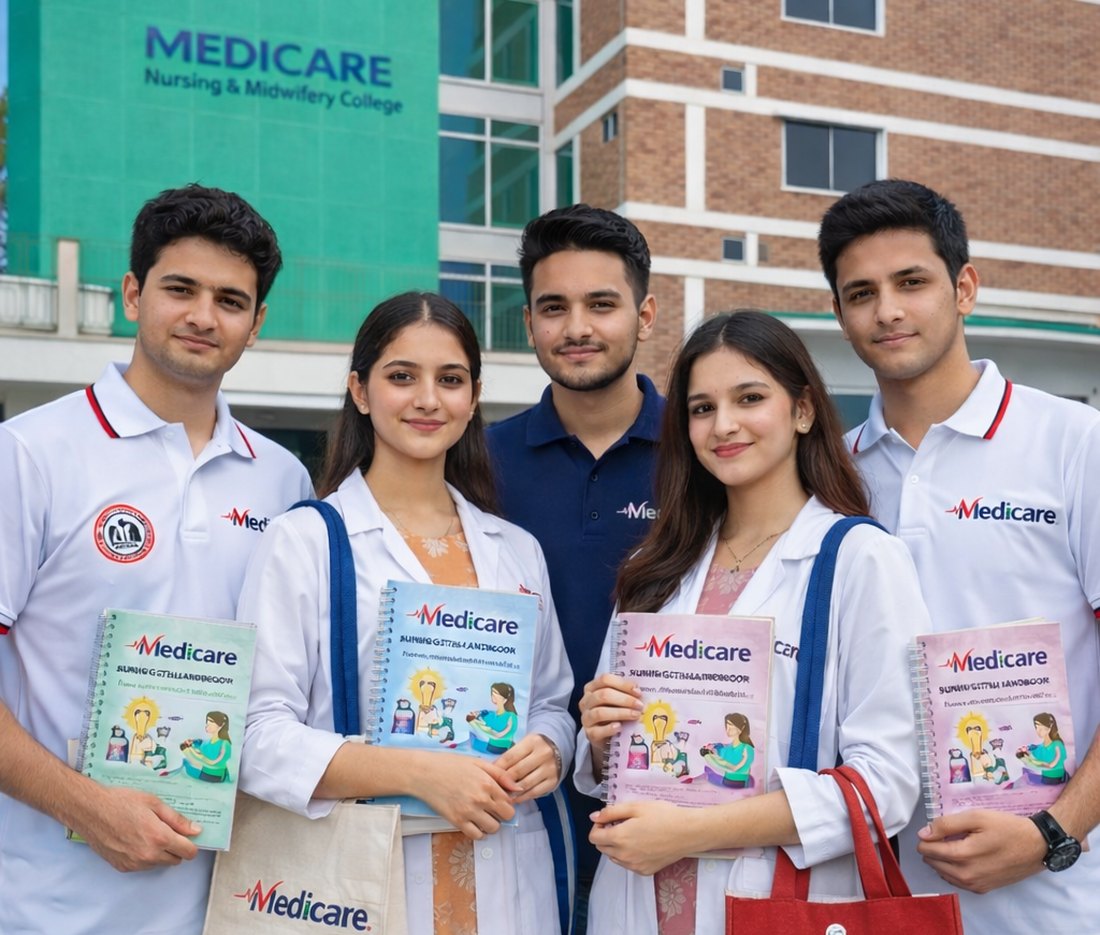 Students of Medicare Nursing & Midwifery College in front of the college building, holding their handbooks